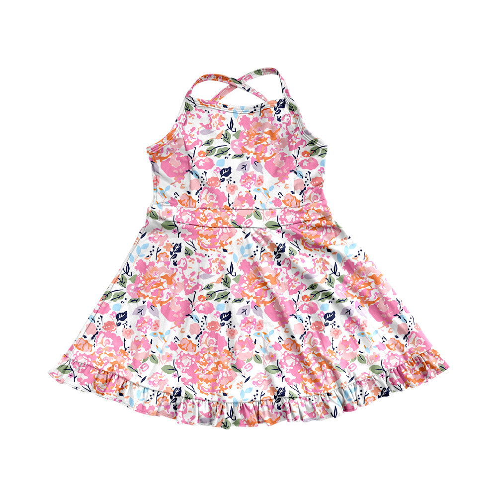 Baby Girls Dress Peach Strap Watercolor Floral Yoga Ruffle Knee Length Dresses Preorder GSD2286 3.15