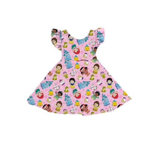 Baby Girls Dress Pink Flutter Sleeves Cartoon Dolls Flowers Knee Length Dresses Preorder GSD2305