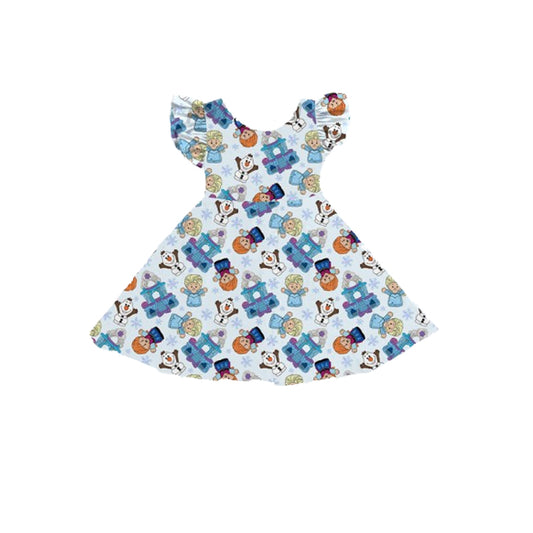 Baby Girls Dress Blue Flutter Sleeves Snowmen Kids Knee Length Dresses Preorder GSD2306 3.17