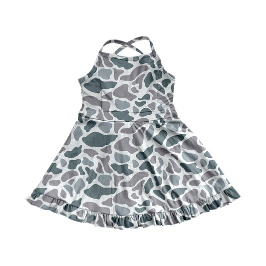 Baby Girls Dress Strap Gray Camo Yoga Ruffle Knee Length Dresses Preorder GSD2308 3.24