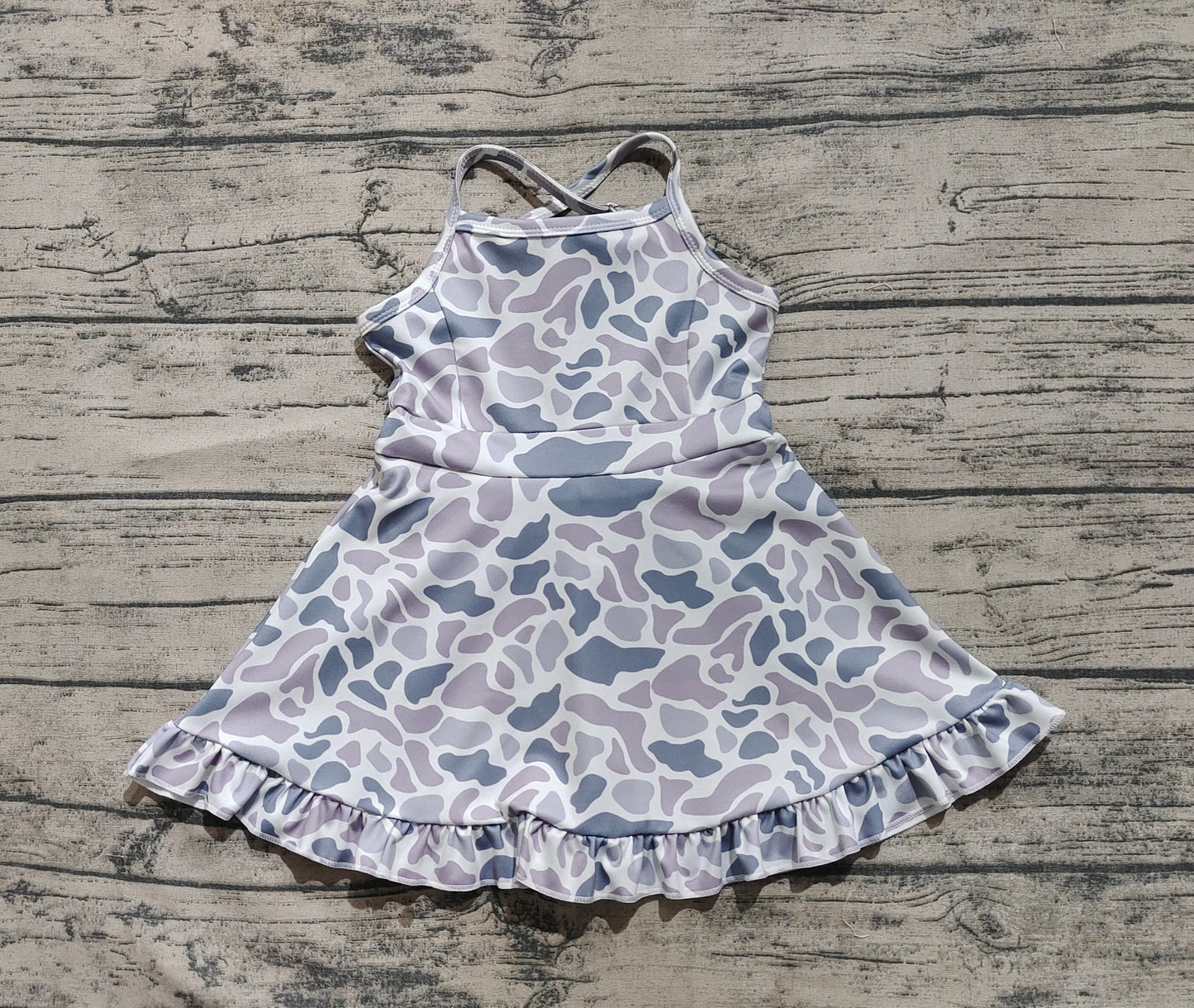 Baby Girls Dress Strap Gray Camo Yoga Ruffle Knee Length Dresses Preorder GSD2308 3.26
