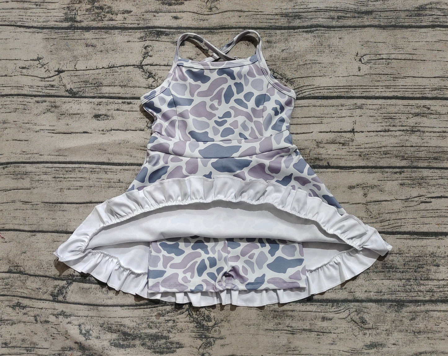 Baby Girls Dress Strap Gray Camo Yoga Ruffle Knee Length Dresses Preorder GSD2308 3.26