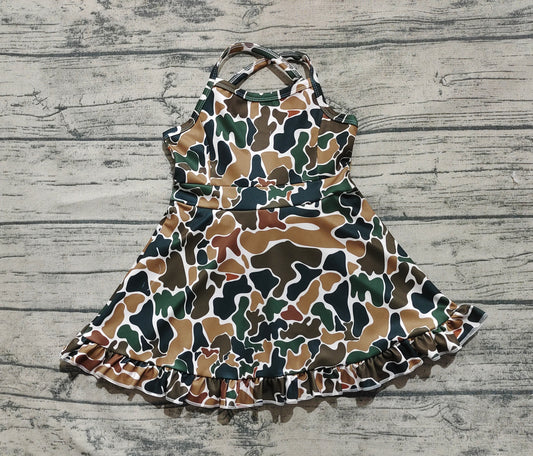 Baby Girls Dress Strap Dark Brown Camo Yoga Ruffle Knee Length Dresses Preorder GSD2309