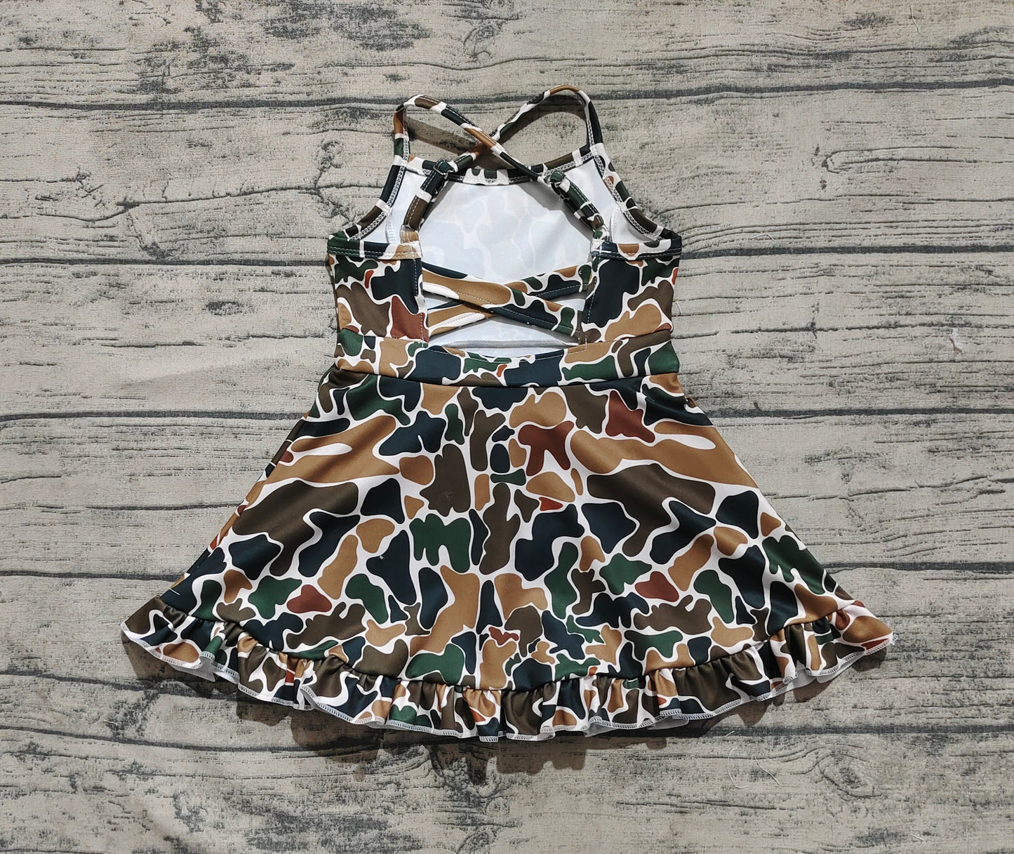 Baby Girls Dress Strap Dark Brown Camo Yoga Ruffle Knee Length Dresses Preorder GSD2309