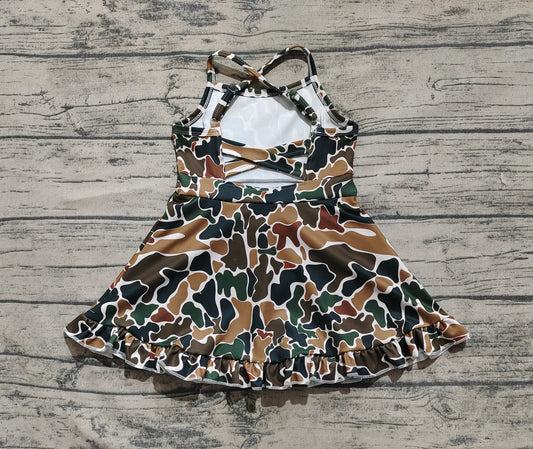 Baby Girls Dress Strap Dark Brown Camo Yoga Ruffle Knee Length Dresses Preorder GSD2309