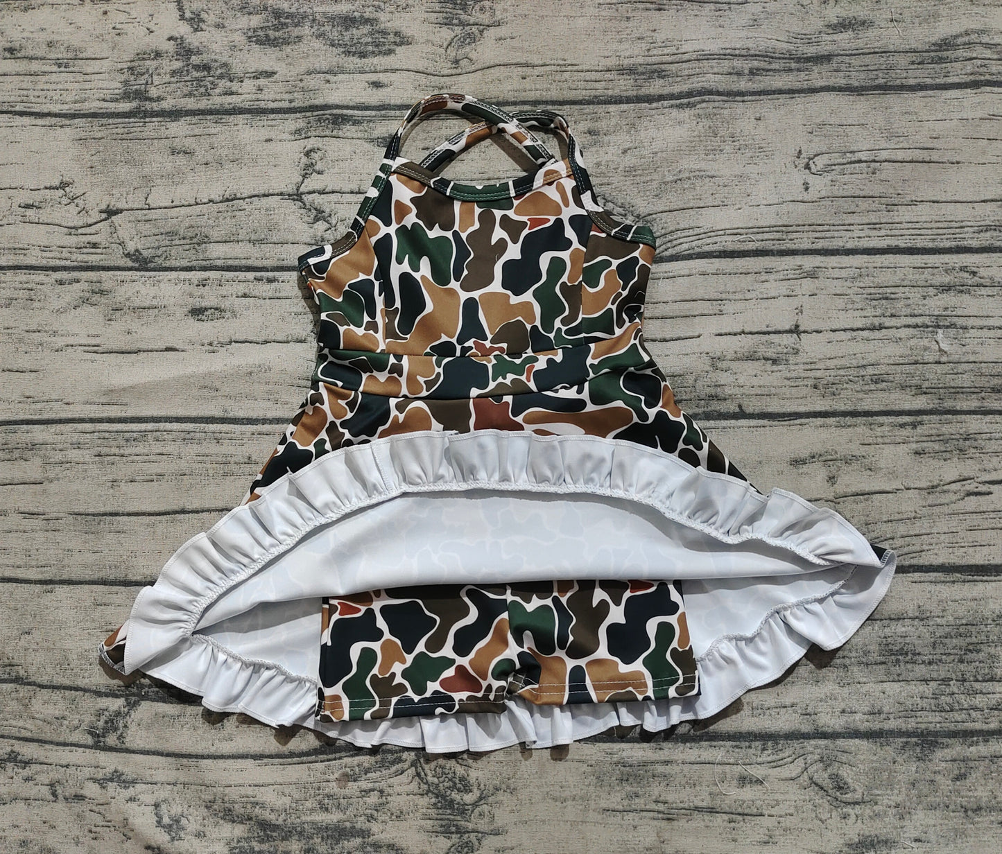 Baby Girls Dress Strap Dark Brown Camo Yoga Ruffle Knee Length Dresses Preorder GSD2309