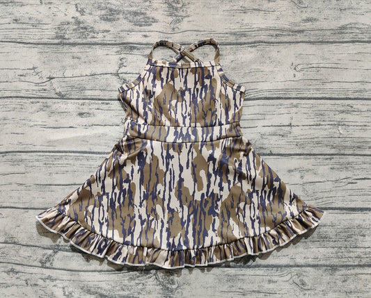 Baby Girls Dress Strap Olive Bottomland Camo Yoga Ruffle Knee Length Dresses Preorder GSD2314