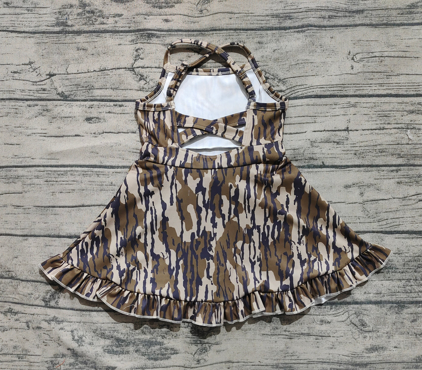 Baby Girls Dress Strap Olive Bottomland Camo Yoga Ruffle Knee Length Dresses Preorder GSD2314