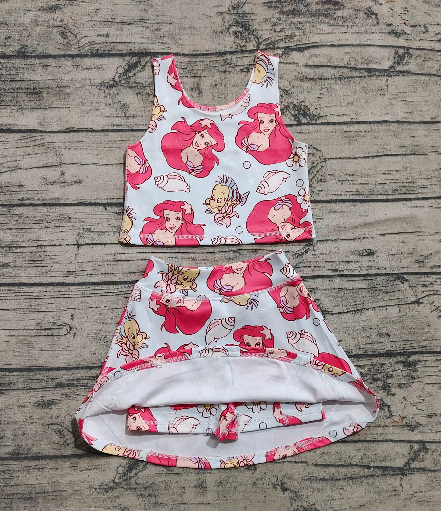 Baby Girls Sports Clothes Sleeveless Cartoon Mermaid Fishes Top Skort Yoga Sets Preorder GSD2354 3.26