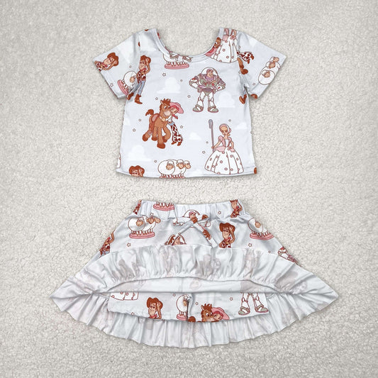Sibling Baby Girls Short Sleeve Cartoon Princesses Top Ruffle Skirt Short Clothes Sets