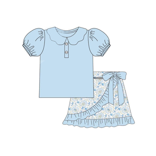 Baby Girls Clothes Blue Short Sleeves Button Tunic Floral Ruffle Short Set Preorder GSD2387 3.22