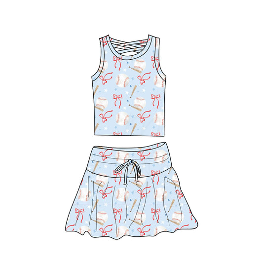 Baby Girls Dress Sleeveless Bows Baseballs Top Skort Yoga Sets Preorder GSD2402 3.27