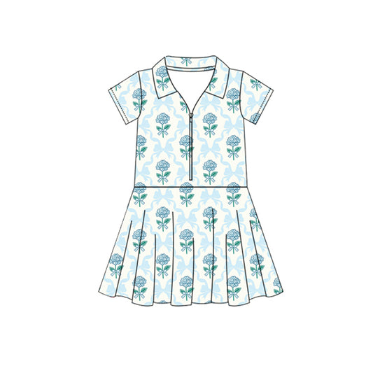 Baby Girls Clothes Short Sleeves Blue Bows Flowers Zipper Knee Length Dresses Preorder GSD2408 3.28