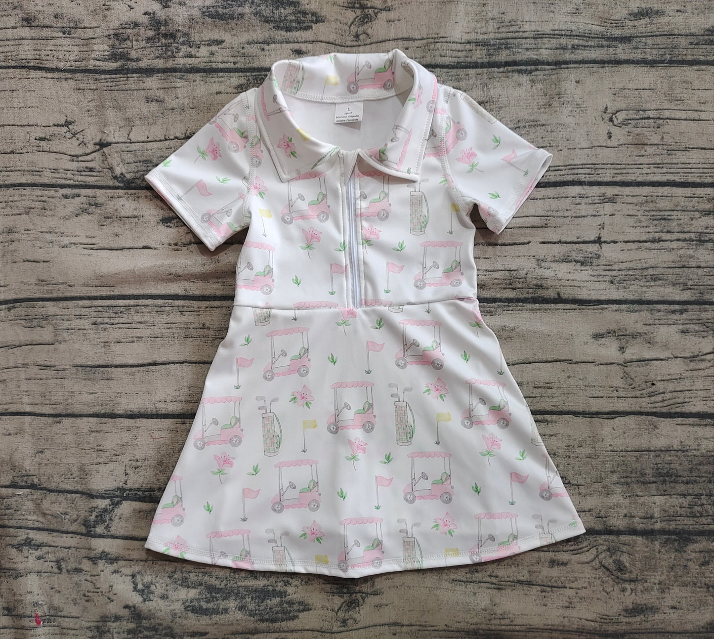 Baby Girls Clothes Short Sleeves Pink Flowers Golf Zipper Knee Length Dresses Preorder GSD2410 4.12