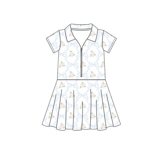 Baby Girls Clothes Short Sleeves Blue Bows Flowers Zipper Knee Length Dresses Preorder GSD2412 3.28