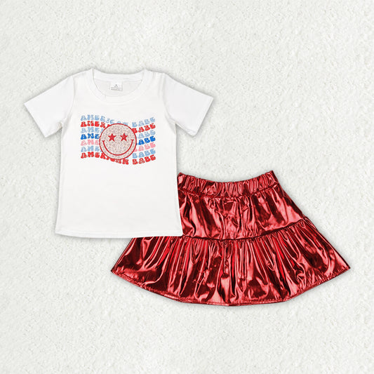 Baby Girls Clothes American Babe Shirt Red Leather Metallic Skirts Clothes Sets GSD2447