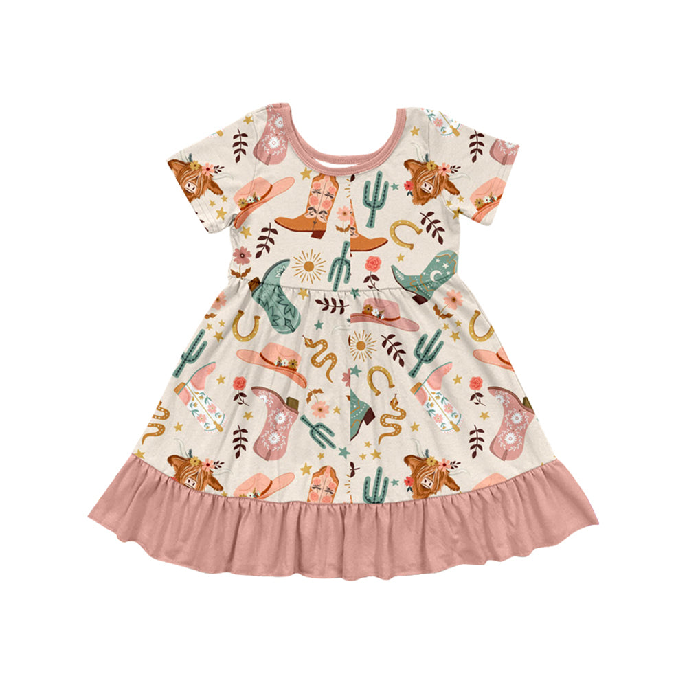 Baby Girls Dress Peach Short Sleeves Highland Cows Boots Knee Length Dresses Preorder GSD2453 4.4