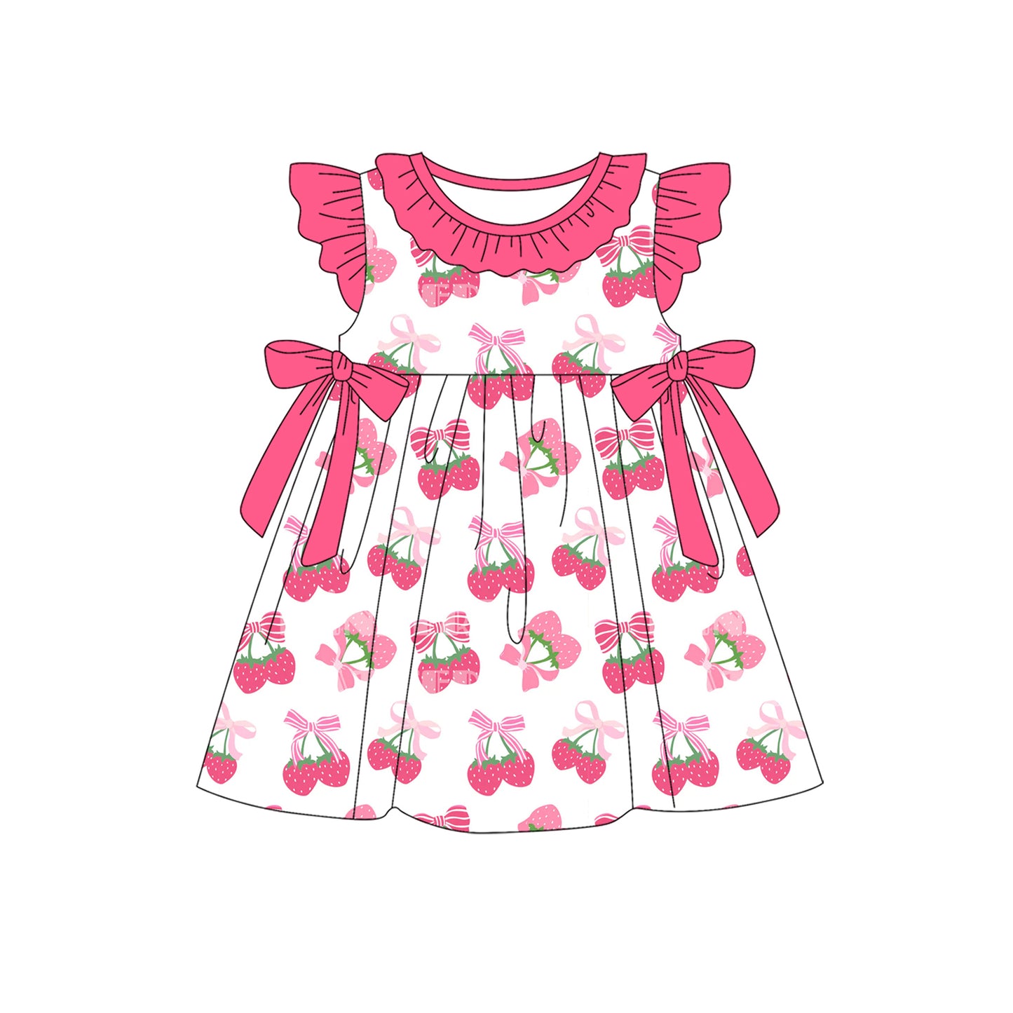 Baby Girls Dress Pink Flutter Sleeves Bows Strawberry Knee Length Dresses Preorder GSD2455 4.4
