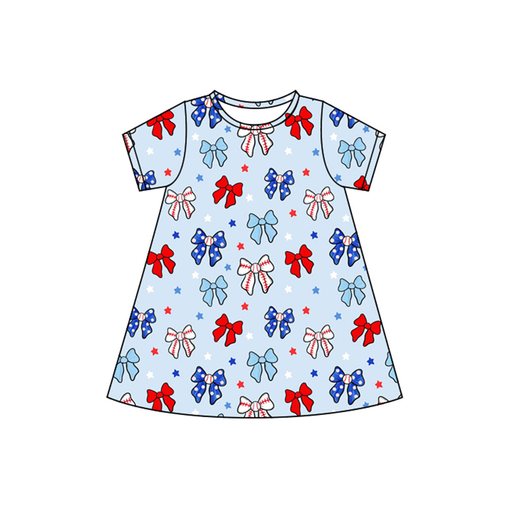 Baby Girls Dress Short Sleeves Blue Red Bows Stars 4th Of July Knee Length Dresses Preorder GSD2480 4.3