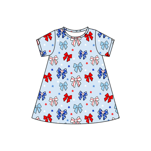 Baby Girls Dress Short Sleeves Blue Red Bows Stars 4th Of July Knee Length Dresses Preorder GSD2480 4.3