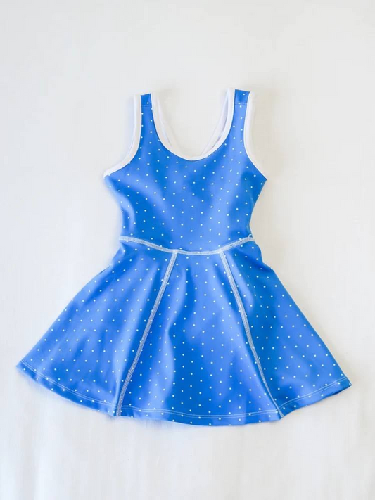 Baby Girls Clothes Blue Sleeveless Polka Dots Yoga Knee Length Dresses Preorder GSD2488 4.8