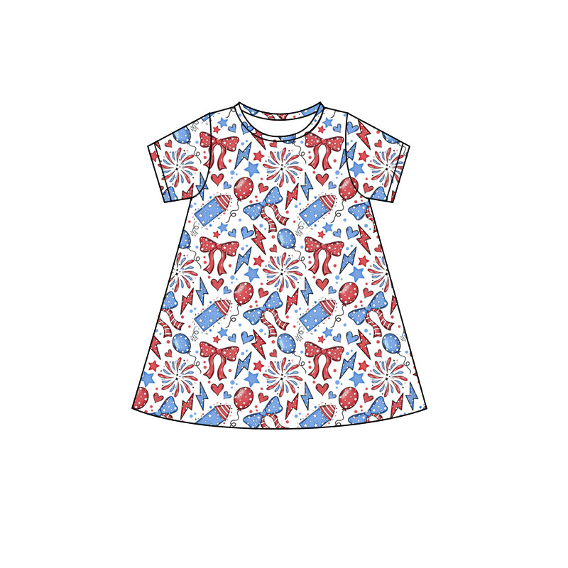 Baby Girls Dress Short Sleeves Firework Balloons 4th Of July Knee Length Dresses Preorder GSD2500 4.8