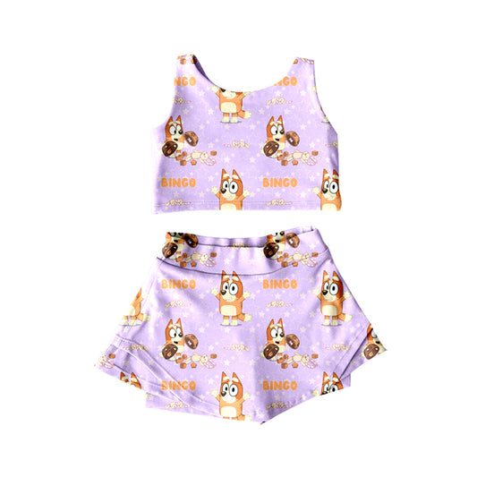 Baby Girls Clothes Lavender Sleeveless Cartoon Dogs Top Shorts Skirts Yoga Outfits Preorder GSD2510 4.12