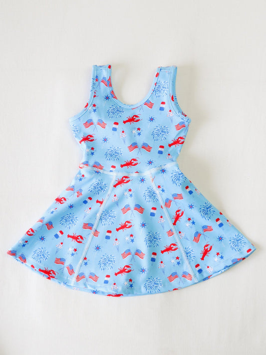Baby Girls Dress Sleeveless Flags Firework 4th Of July Yoga Knee Length Dresses Preorder GSD2513 4.12