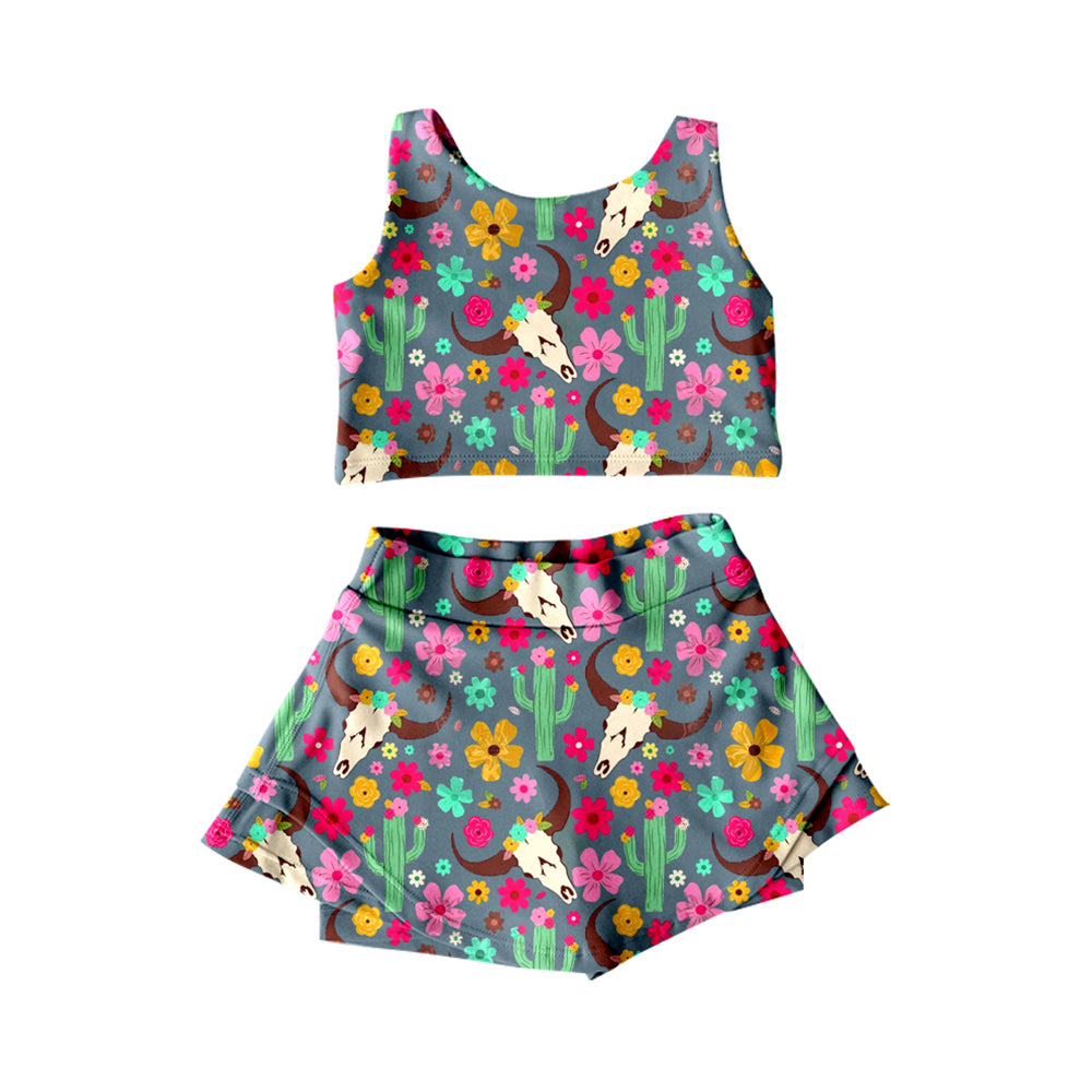 Baby Girls Clothes Sleeveless Colorful Flowers Bull Skull Top Shorts Skirts Yoga Outfits Preorder GSD2519 4.12