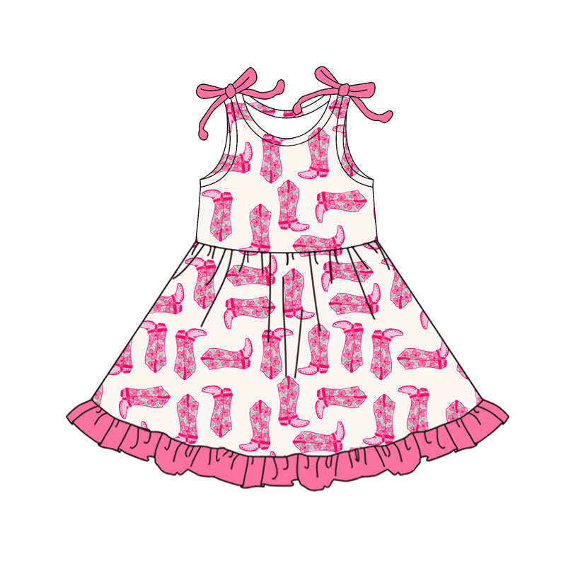 Baby Girls Dress Pink Bow Sleeveless Boots Plaid Ruffle Knee Length Dresses Preorder GSD2643 5.30
