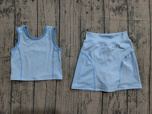 Preorder Baby Girls Sleeveless Sky Blue Vest Top Skirts Set GSD2674