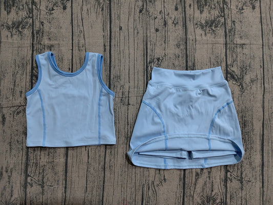 Preorder Baby Girls Sleeveless Sky Blue Vest Top Skirts Set GSD2674