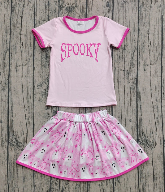Baby Girls Clothes Pink Short Sleeves Spooky Top Ghosts Bows Plaid Skirts Set Preorder GSD2776 8.2