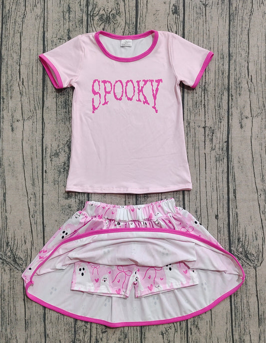 Baby Girls Clothes Pink Short Sleeves Spooky Top Ghosts Bows Plaid Skirts Set Preorder GSD2776 8.2