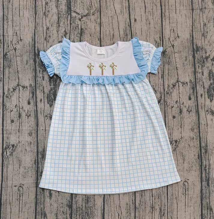 Embroidery Crosses Baby Girls Blue Checked Easter Knee Length Dresses Preorder 10.25