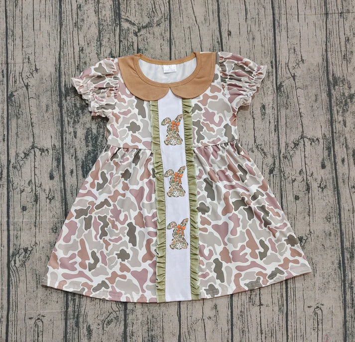 Embroidery Camo Rabbits Baby Girls Bows Easter Ruffle Knee Length Dresses Preorder 10.25