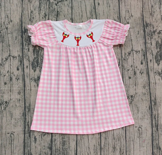 Embroidery Crayfishes Baby Girls Pink Checked Knee Length Dresses Preorder 10.25