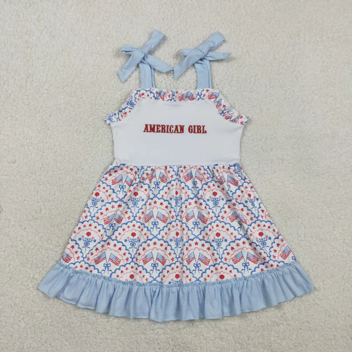 Sibling Baby Girls Embroidery Bows Flags Checked 4th of July Knee Length Dresses