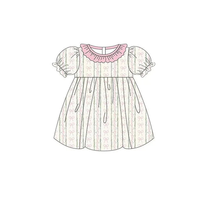 Baby Girls Pink Bows Flowers Stripe Ruffle Collar Knee Length Dresses Preorder 11.20