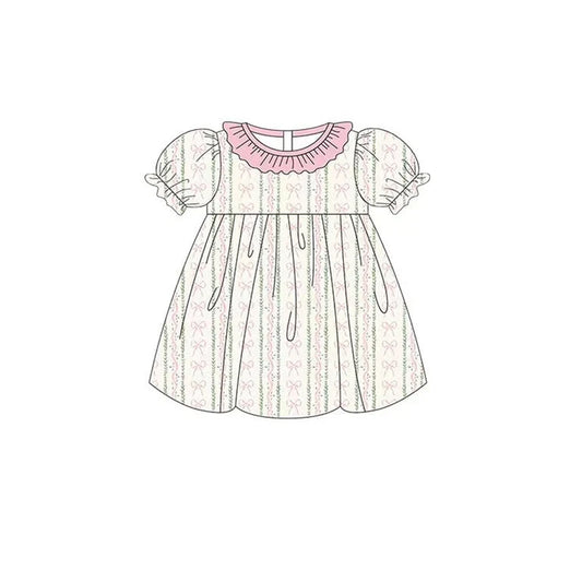 Baby Girls Pink Bows Flowers Stripe Ruffle Collar Knee Length Dresses Preorder 11.20