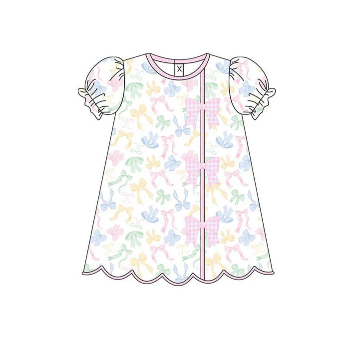 Baby Girls Colorful Bows Button Ruffle Knee Length Dresses Preorder 11.20