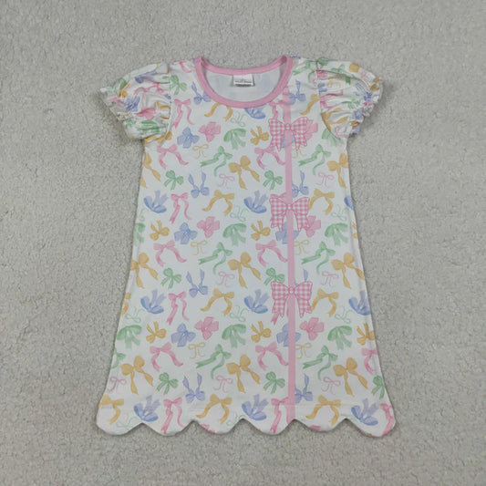 Sibling Baby Girls Short Ruffle Sleeve Colorful Bows Scallop Knee Length Dress Rompers