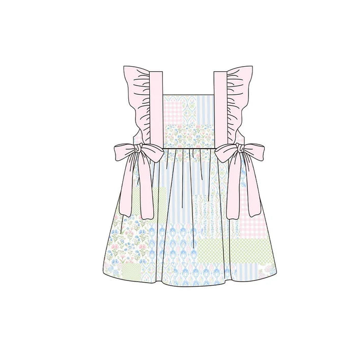 Baby Girls Pink Flowers Checked Bows Knee Length Dresses Preorder 11.20