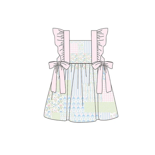 Baby Girls Pink Flowers Checked Bows Knee Length Dresses Preorder 11.20