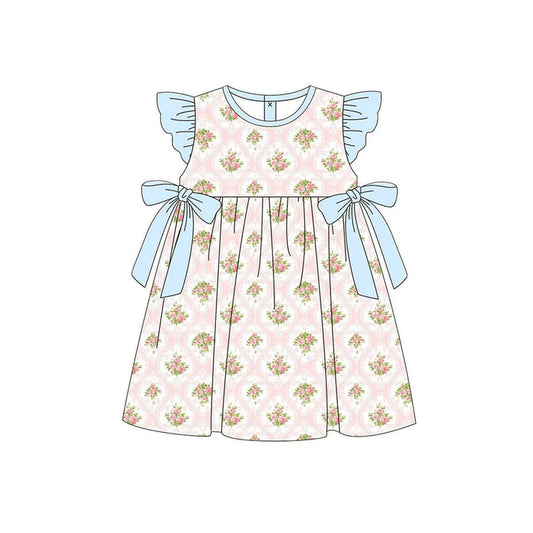 Baby Girls Pink Flowers Checked Bows Knee Length Dresses Preorder 11.20