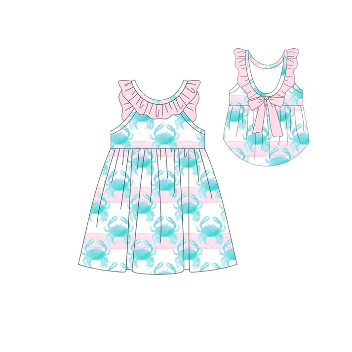 Baby Girls Stripe Crabs Back Bows Ruffle Collar Knee Length Dresses Preorder 11.20
