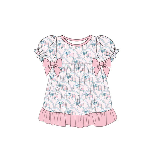 Baby Girls Flags Bows 4th of July Ruffle Knee Length Dresses Preorder 11.20