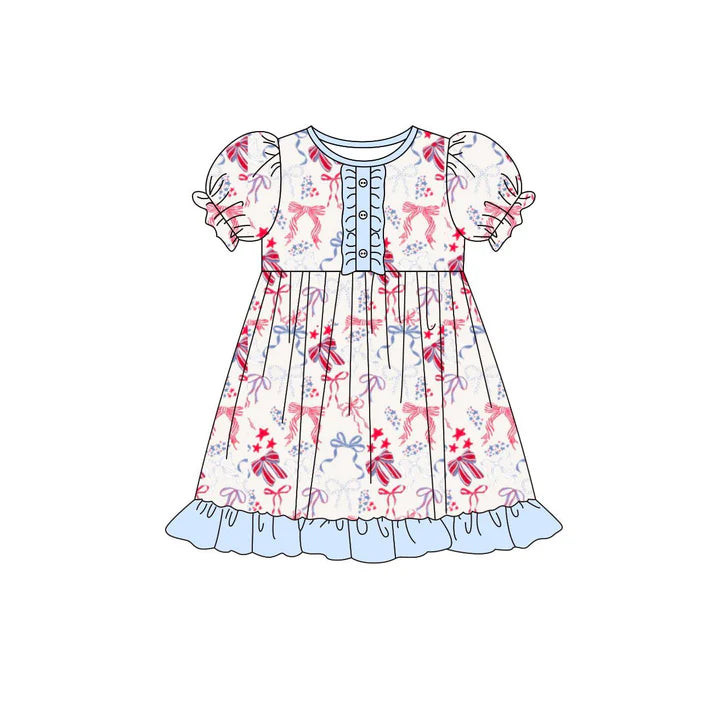 Baby Girls Stars Bows 4th of July Button Ruffle Knee Length Dresses Preorder 11.20