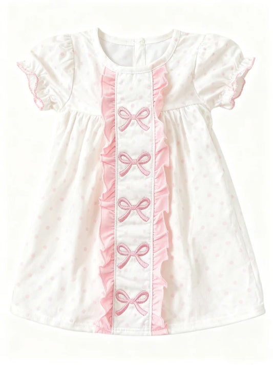 Baby Girls Pink Polka Dots Bows Ruffle Knee Length Dresses Preorder 11.29