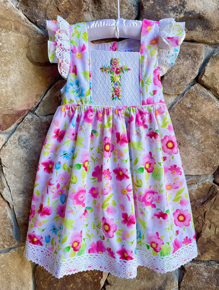 Baby Girls Floral Crosses Easter Ruffle Knee Length Dresses Preorder 11.29